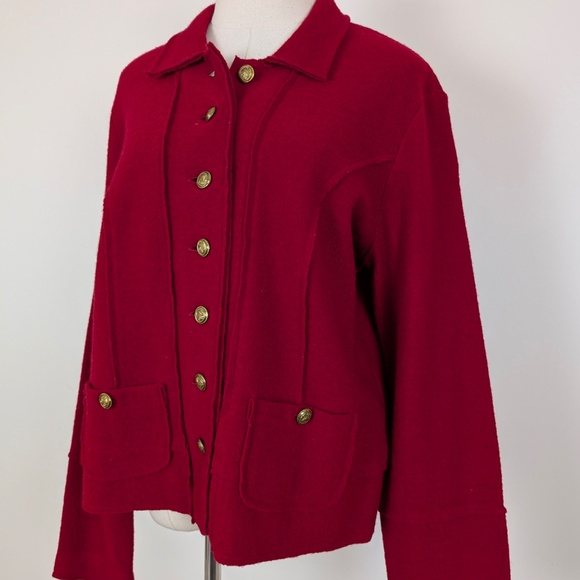 90s Boiled Wool Cardigan Jacket Cherry Red Long Sleeve Collar Button Up - Picture 11 of 11